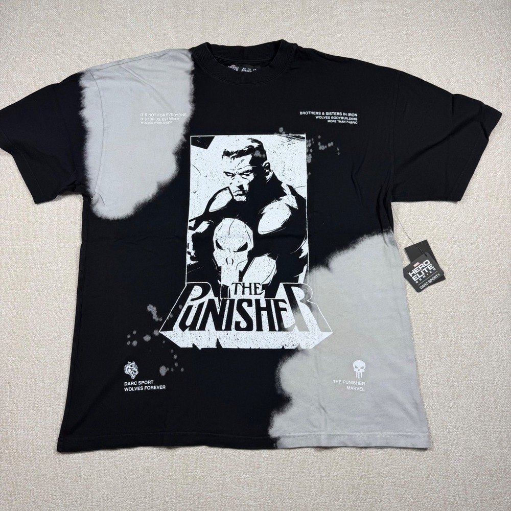 Darc Sport x Marvel Punisher Black Acid Wash Wolves Tee Mens Large